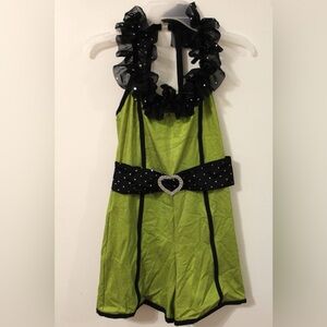 Girls green romper costume with beret and gloves 11/12